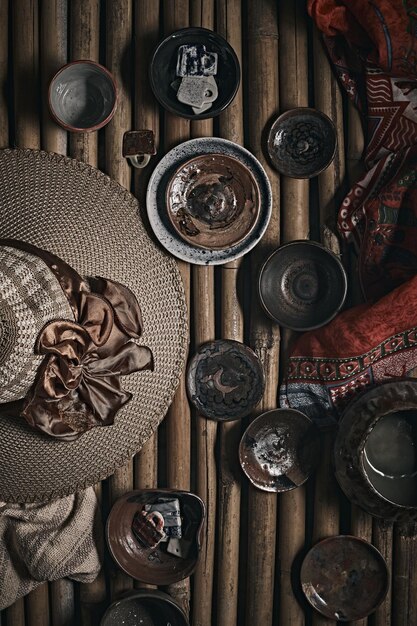 High angle view of objects on table