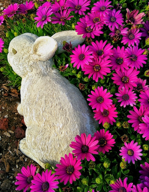 Фото Высокоугольный вид искусственного кролика с помощью розового цвета, цветущего на поле