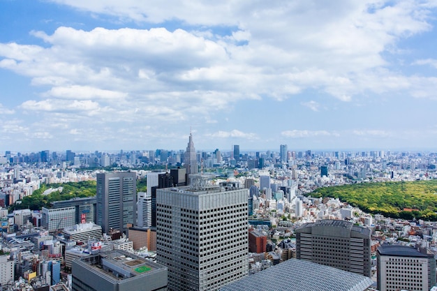 写真 雲の空を背景に都市の建物を高角度で眺める