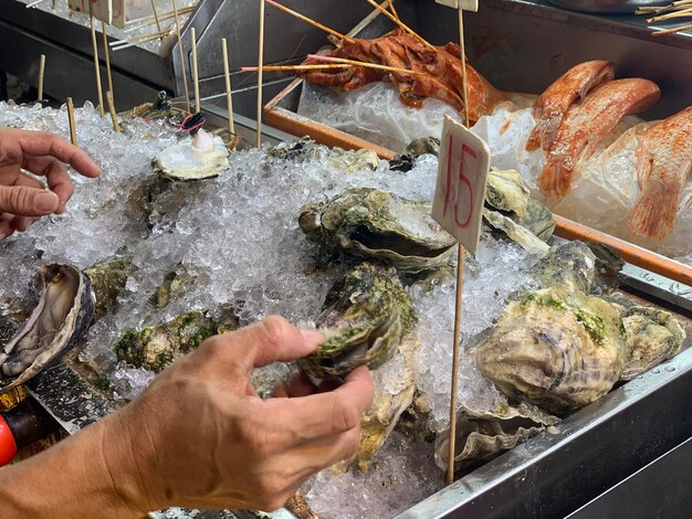 写真 氷の上で魚を握っている手の高角度の景色