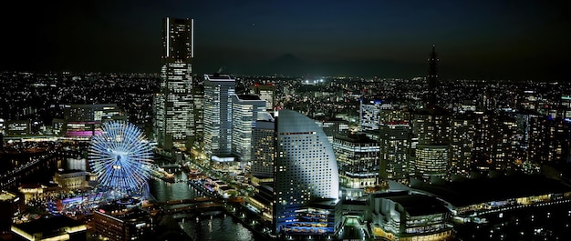 写真 夜の東京-日本で照らされた都市の建物の高角度のビュー