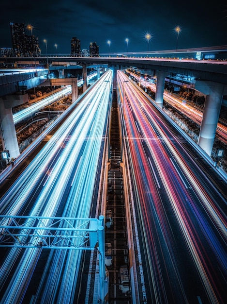 写真 夜の道路のライトトレイルの高角度のビュー