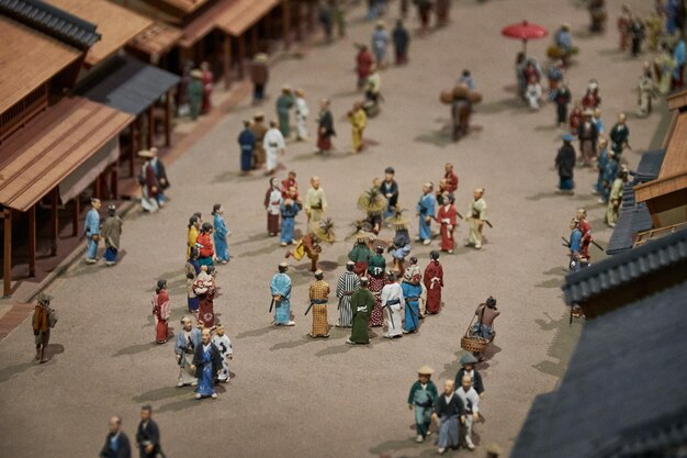 写真 江戸時代の日本人が通りを歩いているモデルを高角度で見る