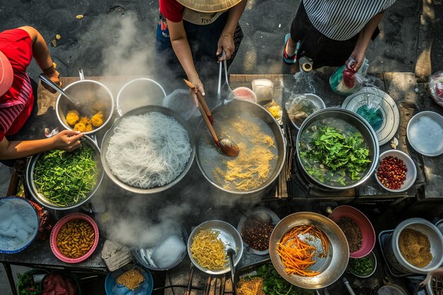 写真 テーブルの上で食べ物を準備している人々の高角度の景色