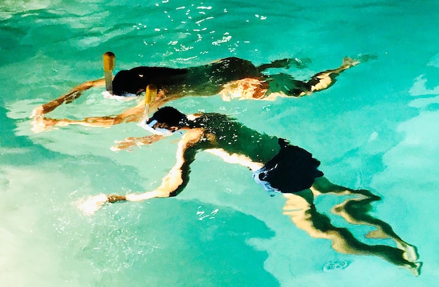 写真 プールで泳いでいる人々の高角度の景色