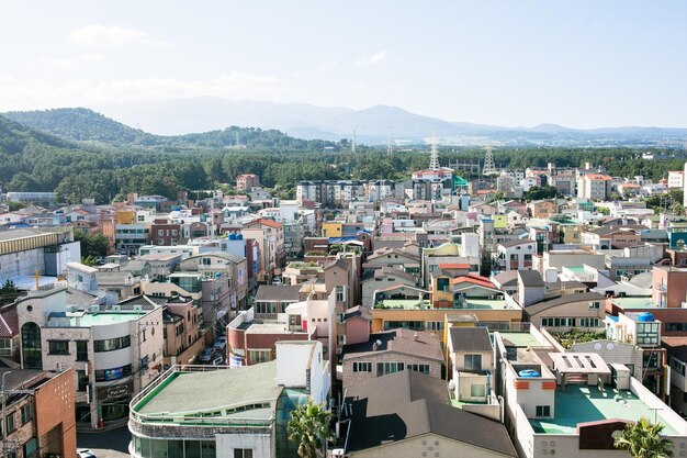 写真 空に照らされた町の高角度の景色