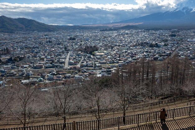 写真 空に向かって町の景色を高角度で眺める