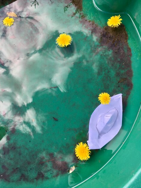 Фото Высокоугольный вид желтого цвета, плавающего на воде