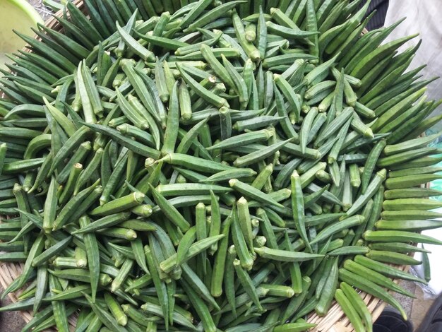 High angle view of okra for sale at market stall