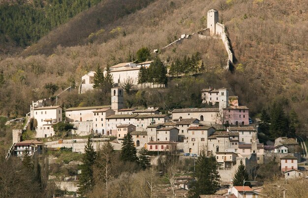 High angle view of old buildings in town