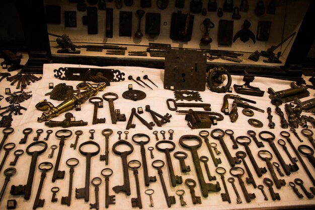 high angle view of old keys collection