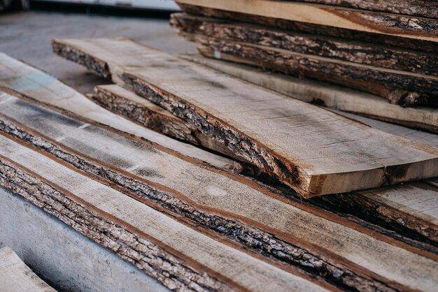 High angle view of old stack of firewood