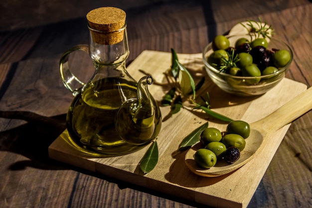 High angle view of olive bottle on table