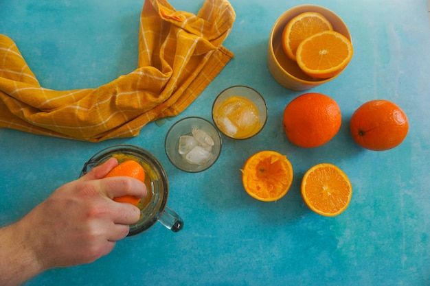 High angle view of orange juice