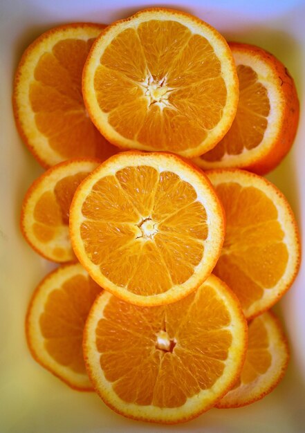 High angle view of orange slices