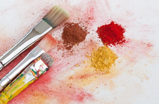 High angle view of paintbrushes on table