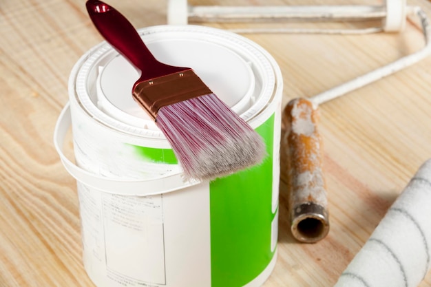 High angle view of paintbrushes on table