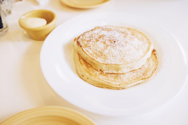 High angle view of pancakes on plate