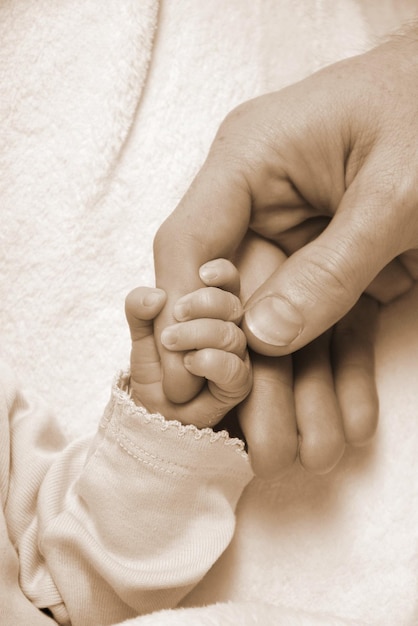 High angle view of parent and baby holding hands on bed