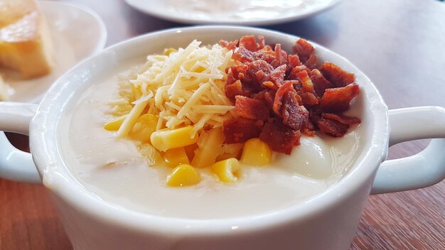 High angle view of pasta in bowl on table