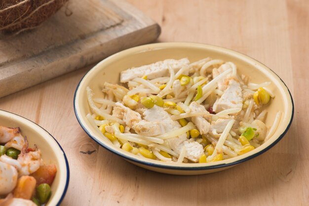 High angle view of pasta in bowl on table