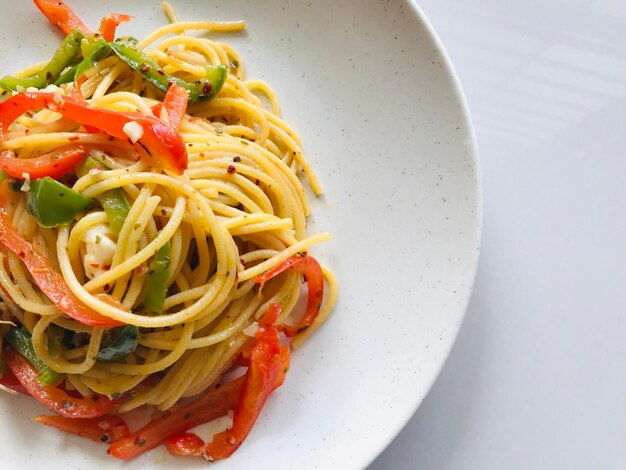 High angle view of pasta in plate