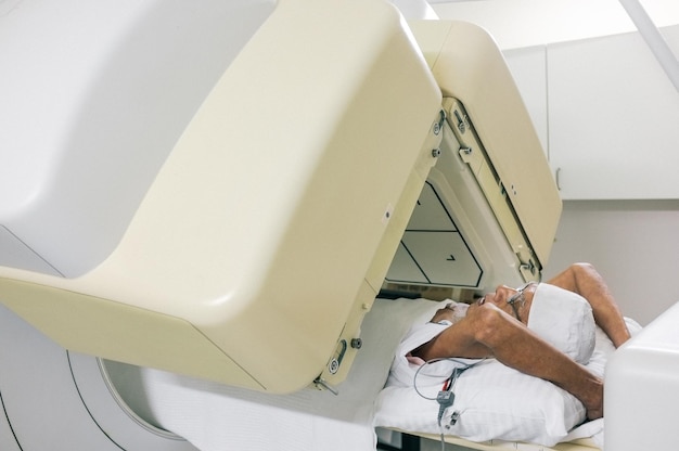 high angle view of patient with ct scanner at hospital