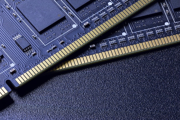 High angle view of pc memory modules on black background