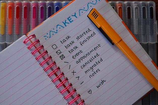 High angle view of pen on note pad with text