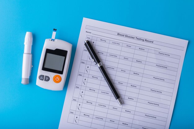 High angle view of pen on table against blue background