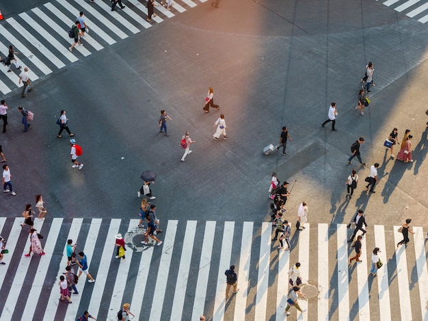 high angle view of people crossing road