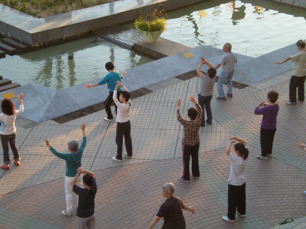 High angle view of people exercising