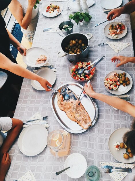 High angle view of people having food