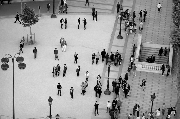 High angle view of people on street