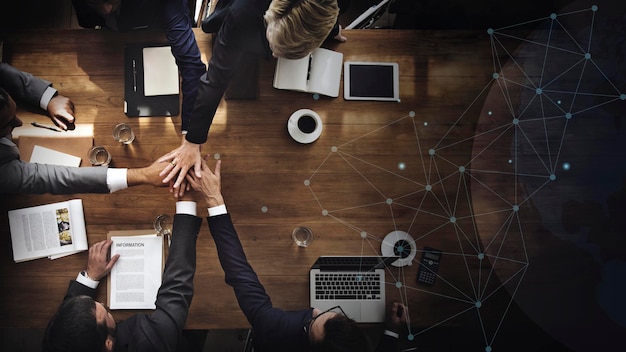 High angle view of people working on a table