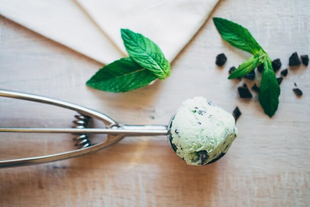 Photo high angle view of peppermint ice cream on serving scoop