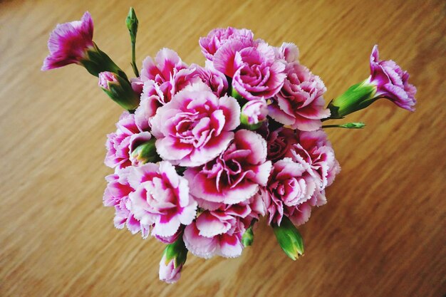 High angle view of pink flowers on table