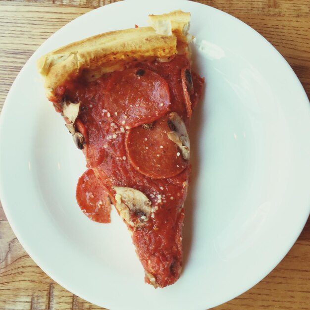 high angle view of pizza in plate on table