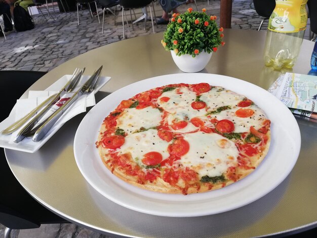 High angle view of pizza in plate