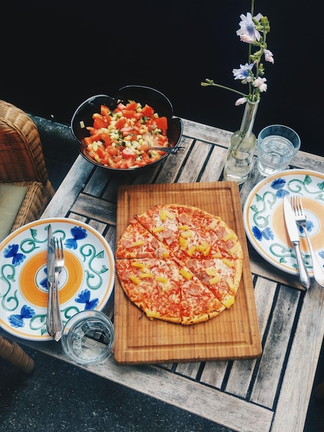 high angle view of pizza on table