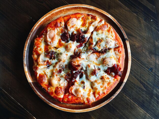 High angle view of pizza on table