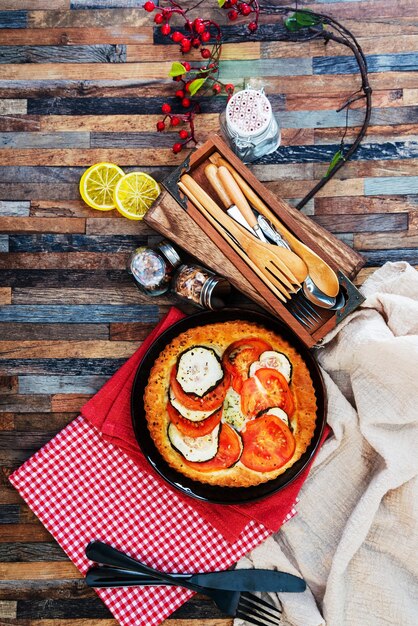 high angle view of pizza on table