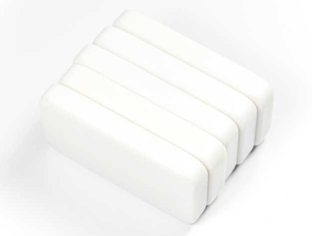 high angle view of plastic blocks on white background