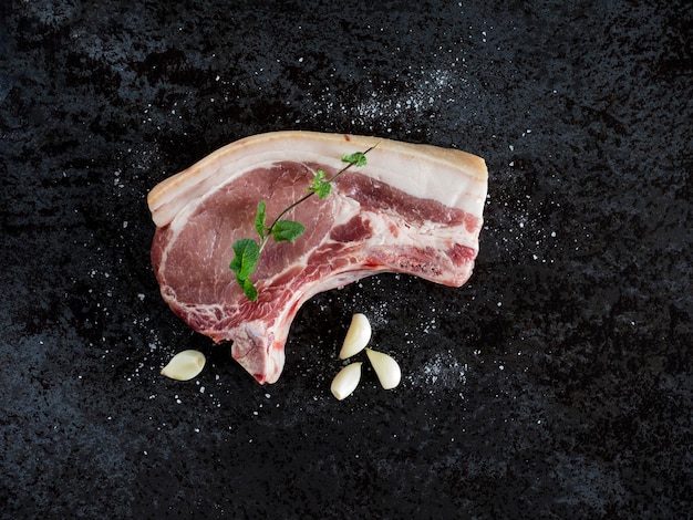 High angle view of pork chop on stone