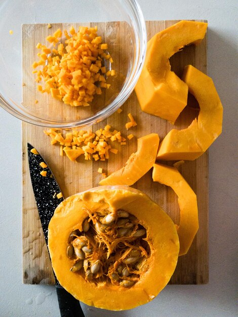 High angle view of pumpkins in bowl on table