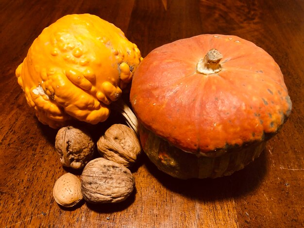 High angle view of pumpkins on table