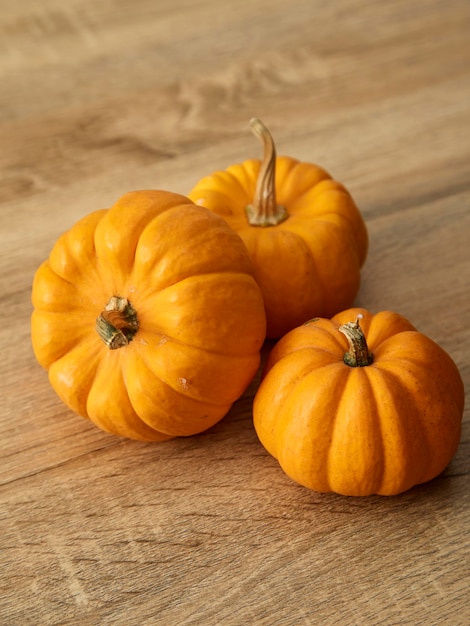 High angle view of pumpkins on wooden table during halloween