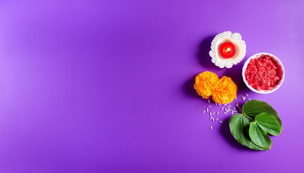 High angle view of purple and leaves on table