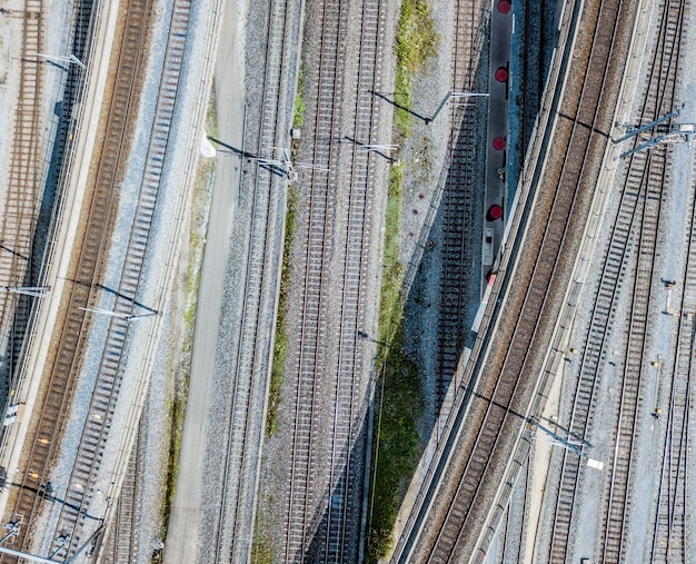 high angle view of railroad tracks in city
