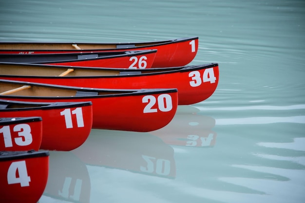 High angle view of red boat moored in lake